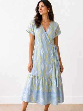 Greek Archaic Kori Wrap MidiDress Ikat Print  Embroidery XS